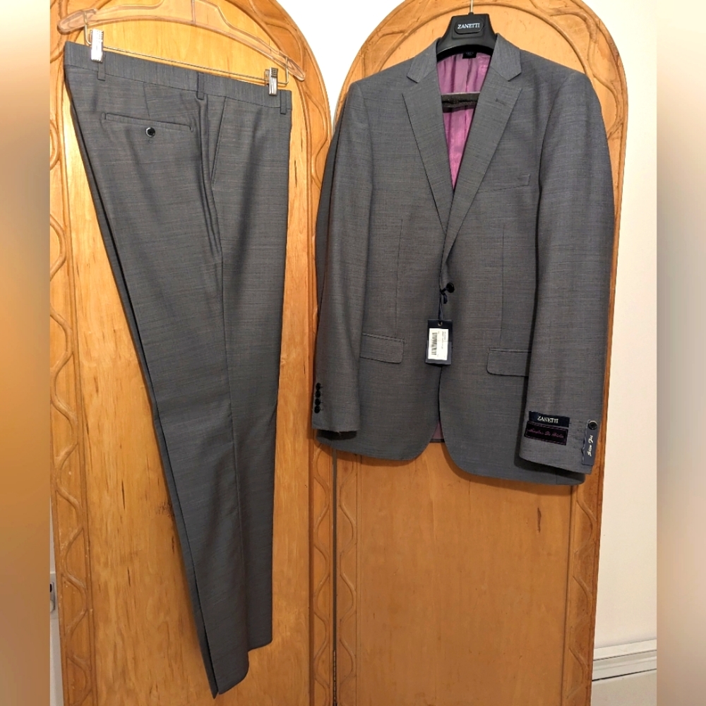 Men's 2pc Zanetti "Porto" silver gray wool suit sz 42L brand new w tags slim fit